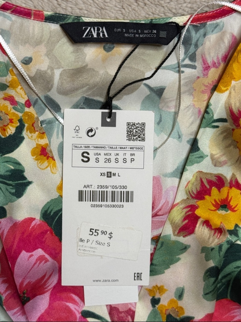 NWT Zara Pink, Yellow & Cream Floral Smocked Waist V-Neck Blouse sz S - Picture 2 of 5